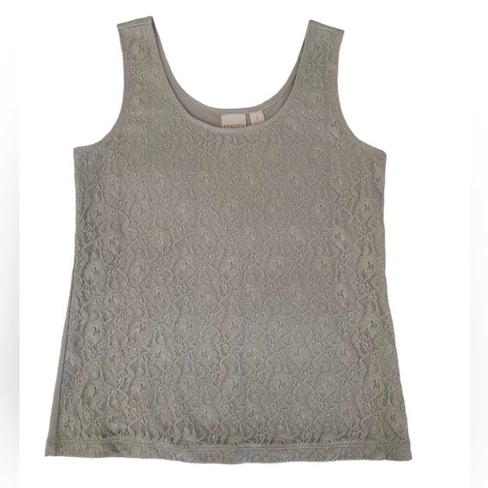 Chico's Lace Tank Top Blouse Women’s 1 / US 8 Gray Silver Shimmer Silky Lined